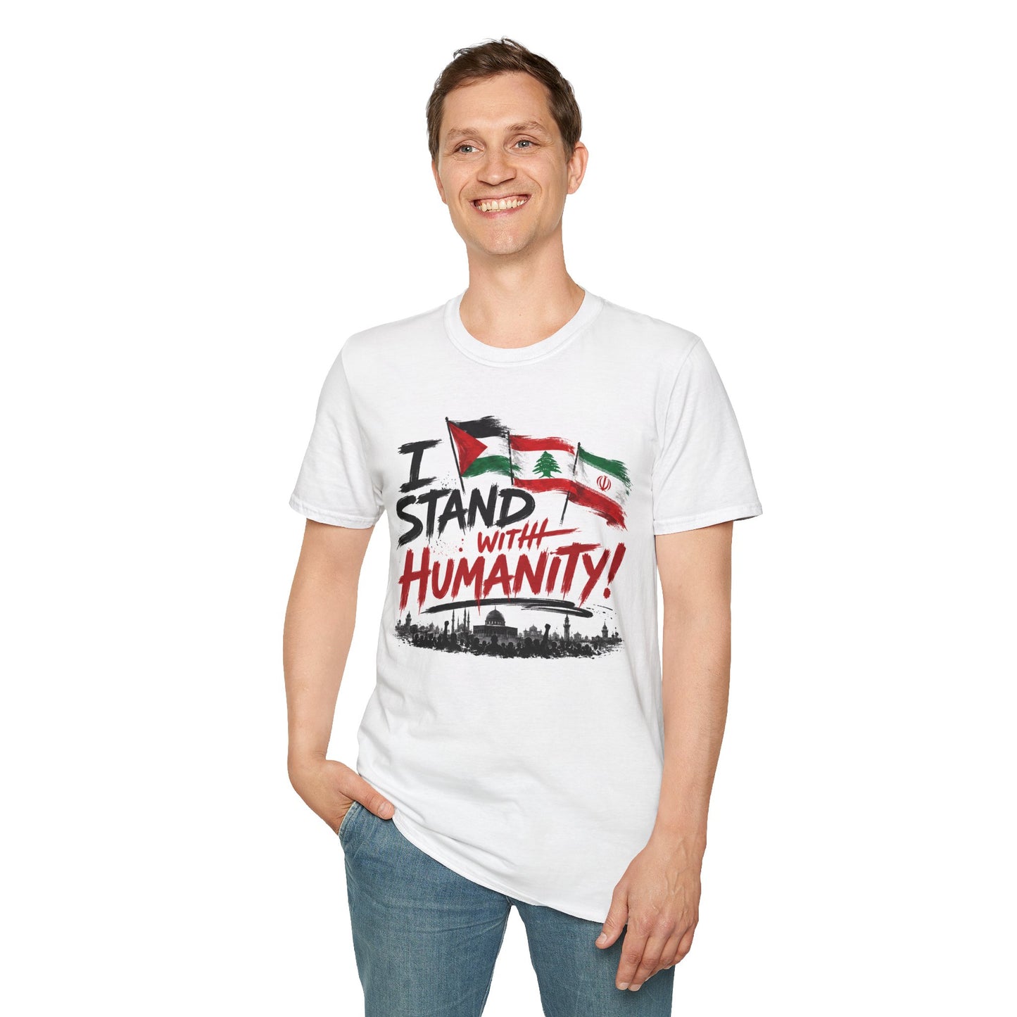 T-Shirt — "I Stand With Humanity" Middle East Solidarity Tee (Palestine, Lebanon, Iran Flags)