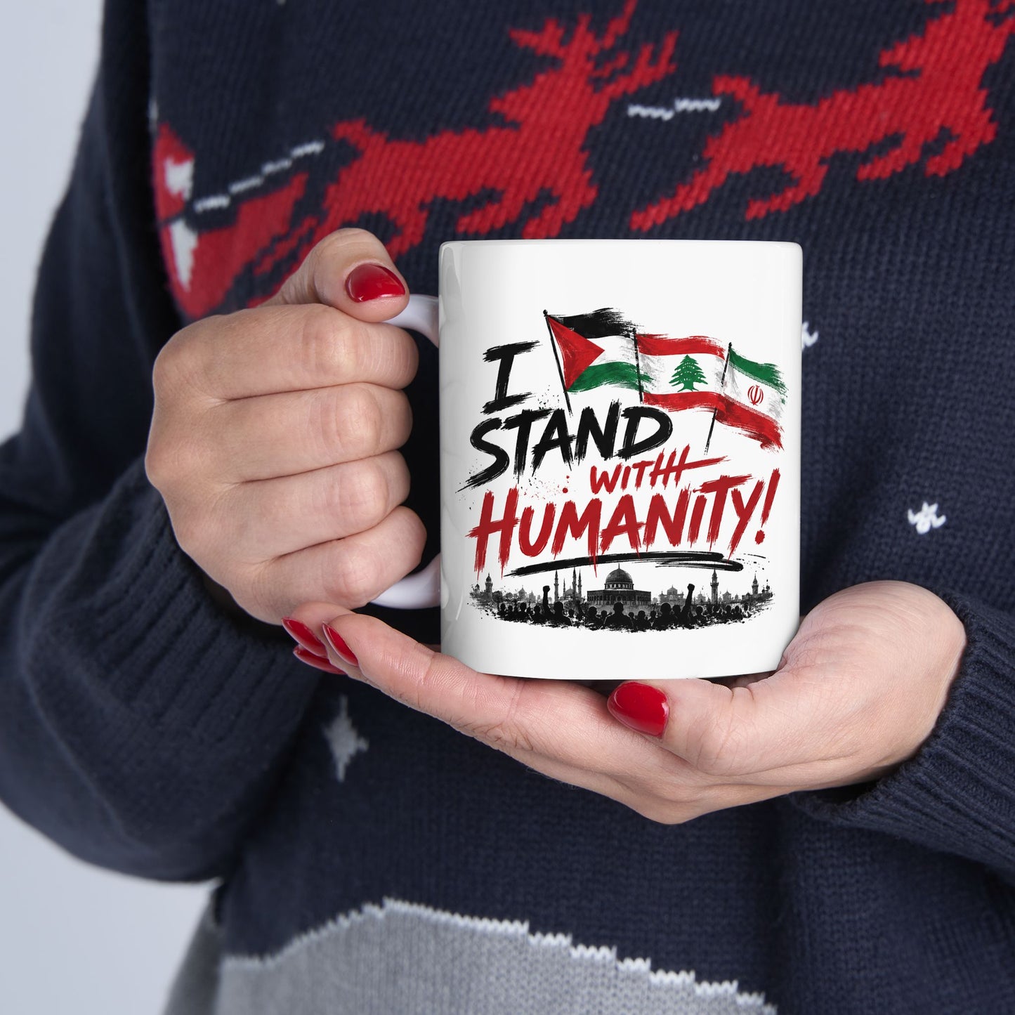 I Stand With Humanity Mug — Solidarity Flag Ceramic Coffee Cup (11oz)