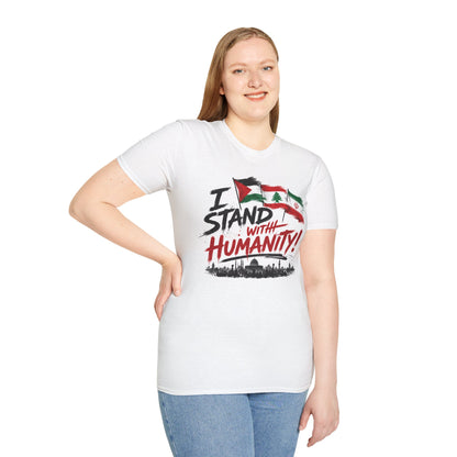 T-Shirt — "I Stand With Humanity" Middle East Solidarity Tee (Palestine, Lebanon, Iran Flags)